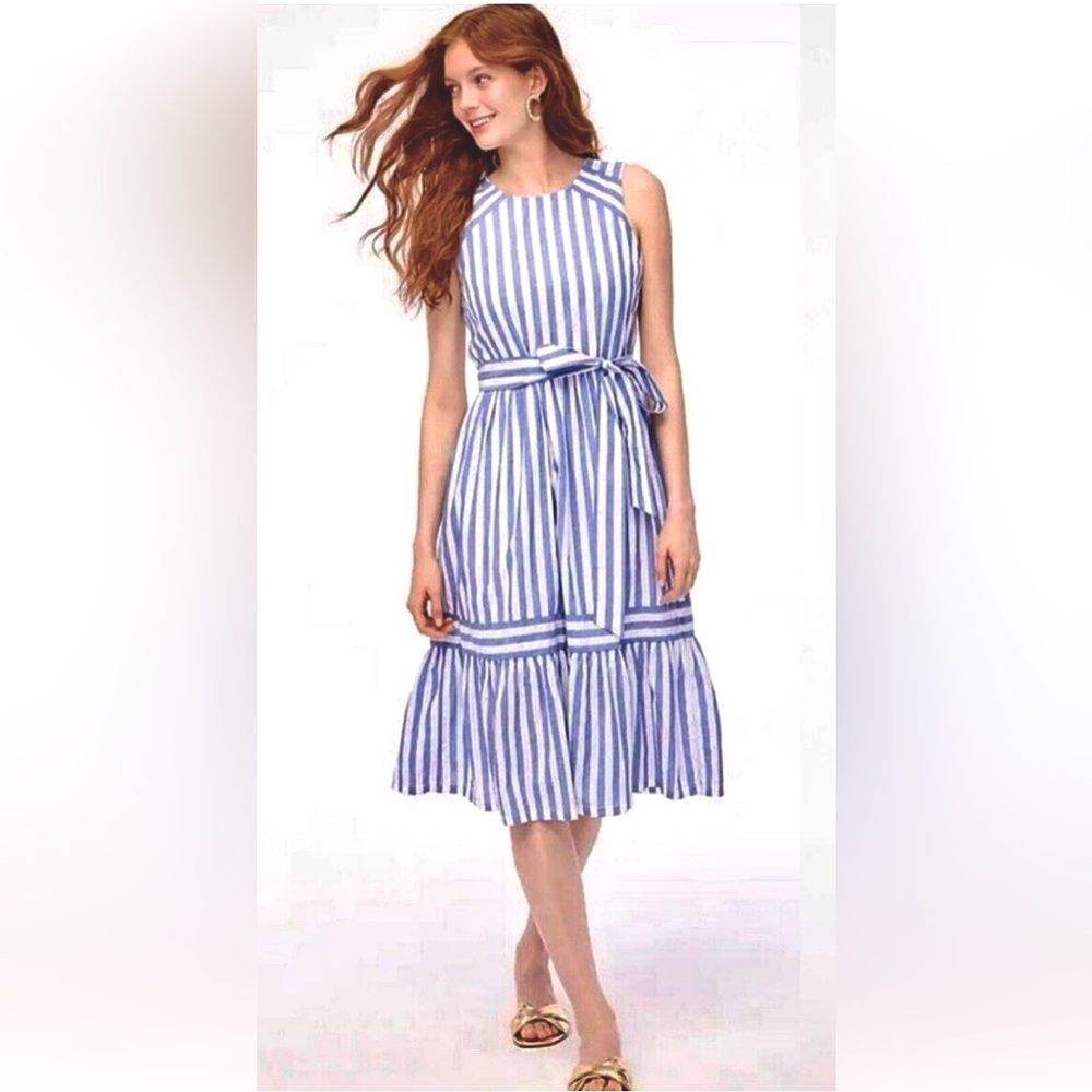 J Crew Sleeveless Summer Chambray & White Striped Easy A-line Midi Dress ZB12